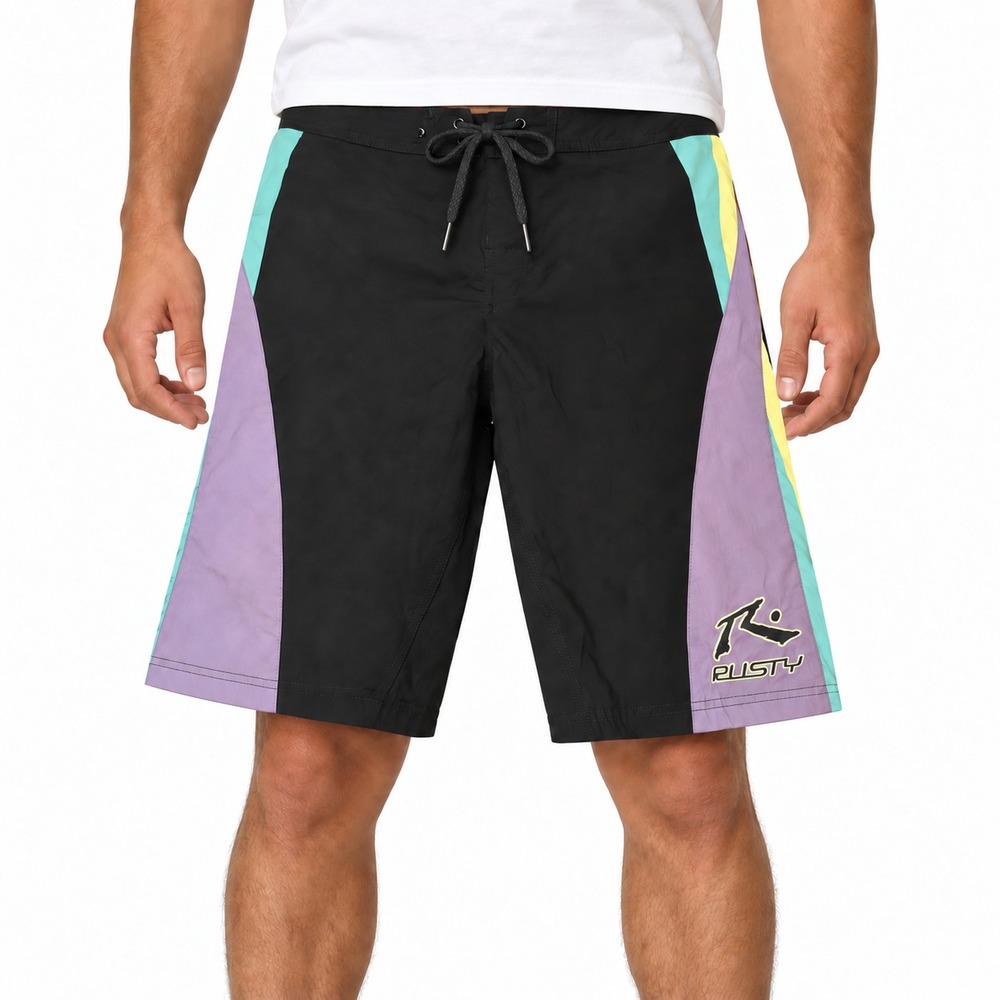 Rusty Board Shorts Men's 30 Black Purple Colorblock Lace-Up Surf Swim Trunks Y2K